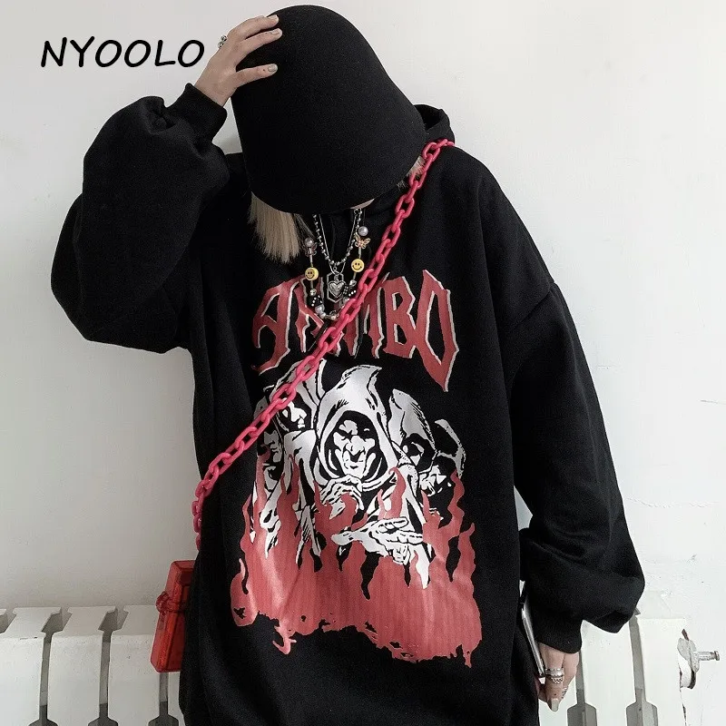 NYOOLO Harajuku уличная пламя демон Письмо печати Свободные толстовки осень зима пуловер с капюшоном утолщаются теплый weatshirt для женщин и мужчин