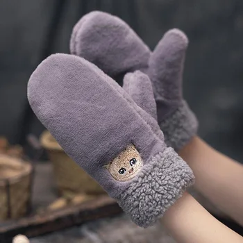 

Female Cute Cartoon Cat Embroidery Plus Velvet Thick Warm Driving mittens Women Winter Cashmere Knit Touch Screen Gloves H75