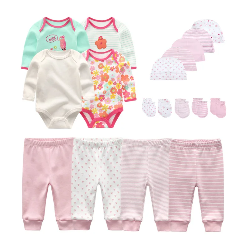 Newborn 16/18PCS Baby Boy Clothes Sets Cotton Solid Baby Girl Clothes Bodysuits+Pants+Gloves+Hats Cartoon Trousers Ropa Bebe