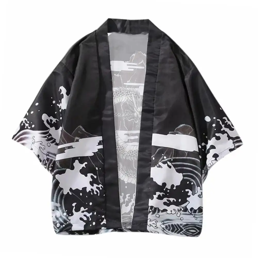 Men's kimono Shirt  Wave Dragon 3/4 Sleeve Open Front Kimono Yukata Cardigan Coat Shirt vintage clothes рубашка мужская мужская летняя мода футболка личность культивирование с короткими рукавами рубашка polo рубашка рубашка рубашка