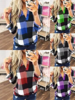 

Womens Blouses & Shirts Large Size Spring and Autumn Casual Shirt Plaid Printed V-Neck Long Sleeve Top Womens Tops and Blouses
