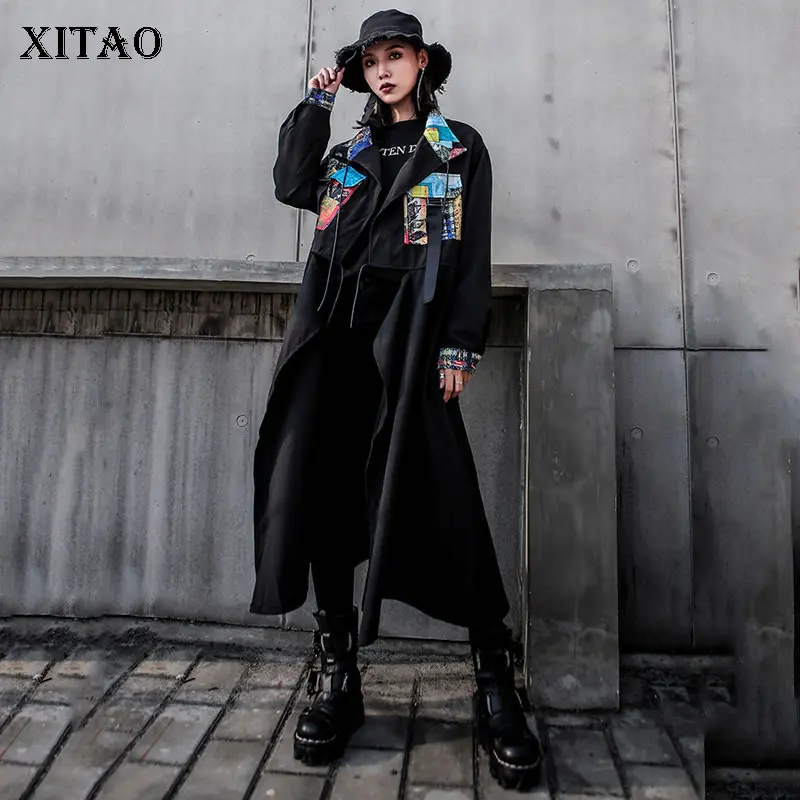 XITAO Лоскутная Печать карман длинный Тренч Женская одежда 2019 элегантная лента