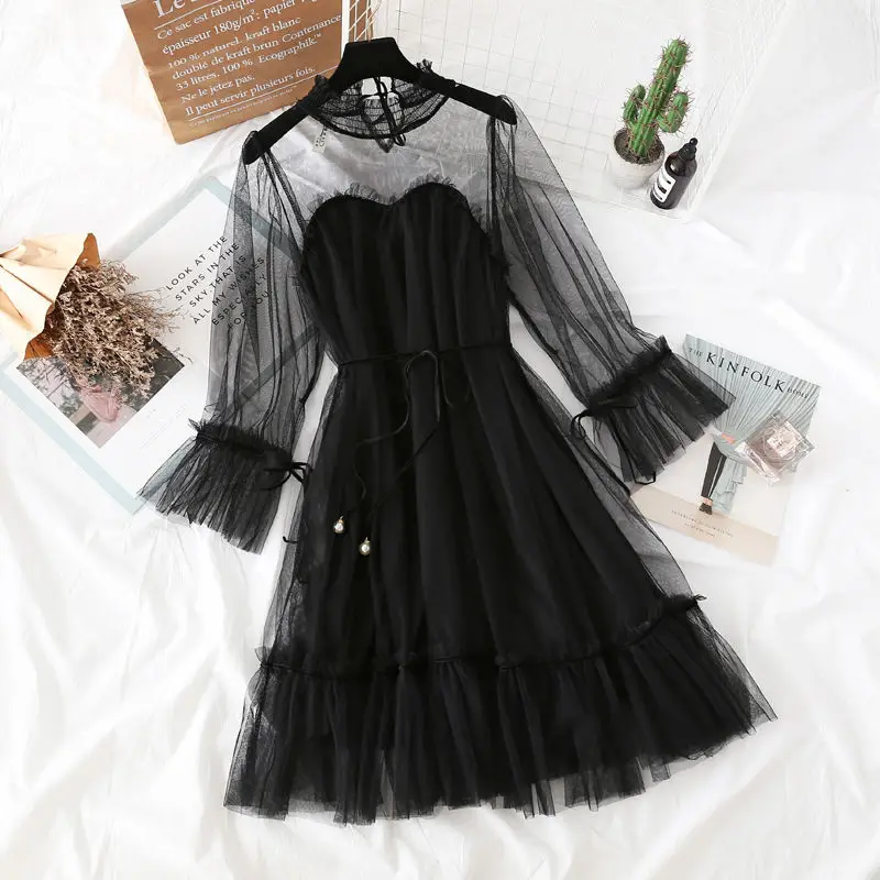 Черный Women Dress Spring Fashion Flare Sleeve Contrasting Trim Sweet Mesh Dress With Pearl Stopper Belt Ladies Elegant Midi Dress - Цвет: Черный