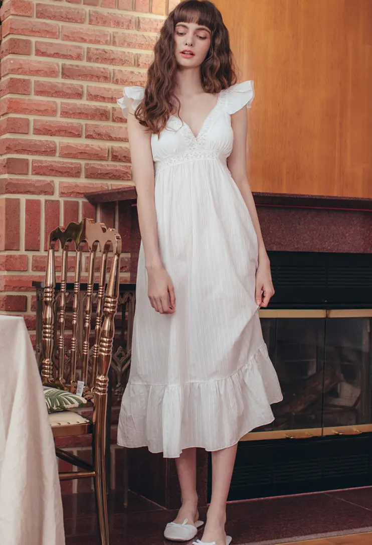 Осенняя одежда для сна, сексуальная белая хлопковая ночная рубашка с v-образным вырезом, Женская домашняя одежда, ночная рубашка, Женское ночное белье, ночная рубашка T566 - Цвет: Белый