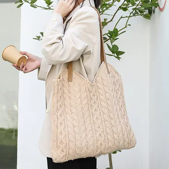 

Knitted Women Shoulder Bag Solid Color Large Capacity Ladies Big Handbag Crochet Woven Casual Shopping Totes