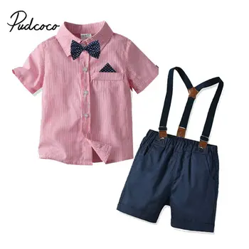 

Striped Red Shirt+Shorts with Bow Tie 2 pcs kids clothing sets summer Formal Party gentleman overalls suit kids baby boy clothes