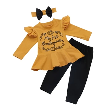 

Baby's Sets Clothes Three-Piece Long Sleeved Trousers Hair Band Girls Clothes Cartoon Letter Print Top Solid Color Pants Bow Hai