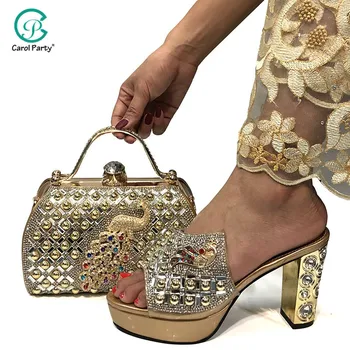 

Fashionable Italian design Shoes and Bag Set African Sets gold Color African Shoes with Matching Bags for Royal Wedding Party