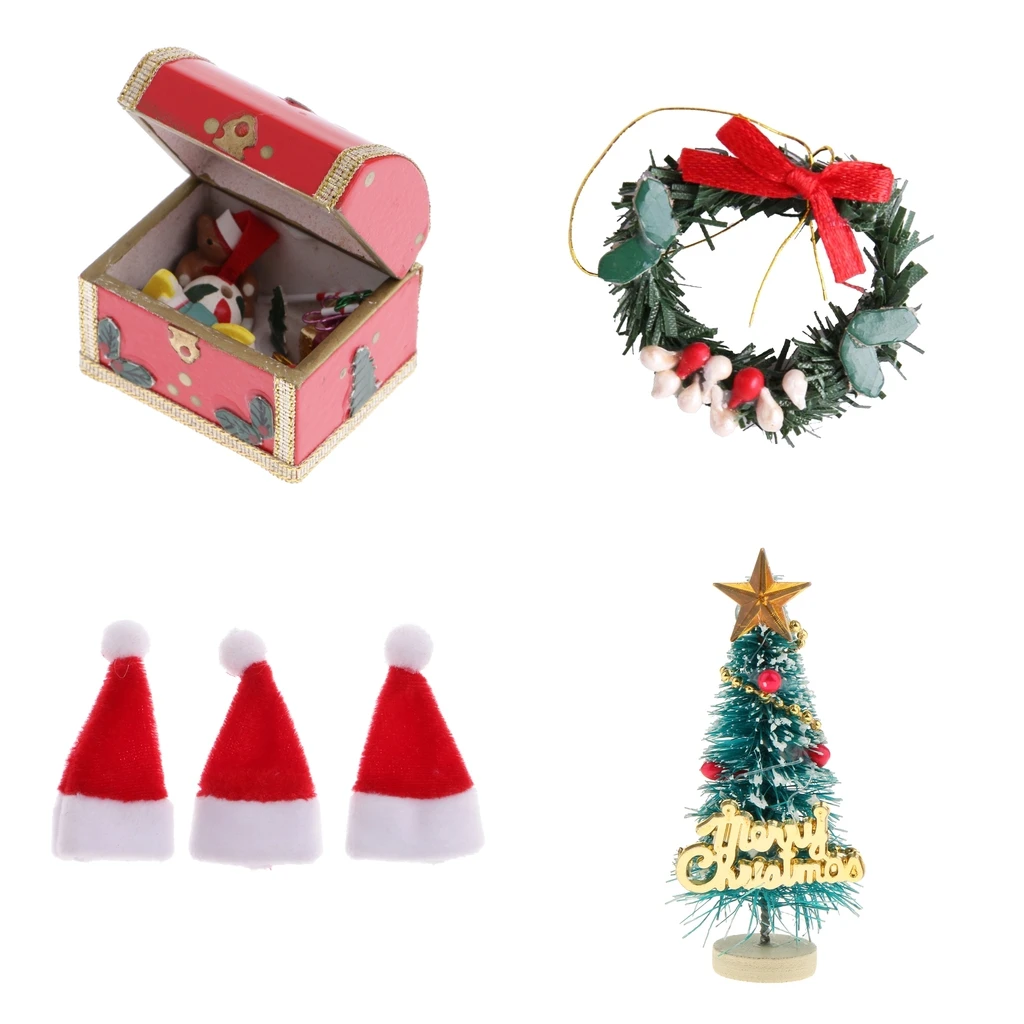 6 Pieces Lovely 1/12 Dollhouse Miniatures Christmas Tree Santa Claus Hat Wreath Gift In Wooden Box