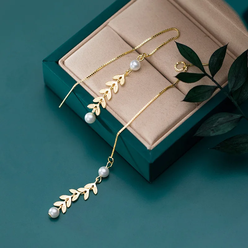 

925 Sterling Silver Gold Color Tassel Leaf Artificial Pearl Dangle Earrings For Women Long Chain Fine Ear Jewelry Party Gift