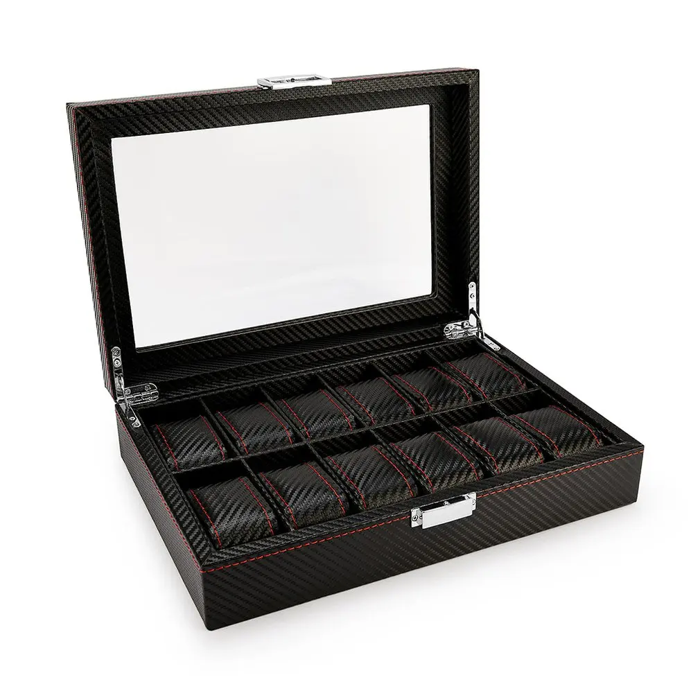 

12 Slots Carbon Fibre Watch Organizer Display Storage Box Mechanical Watches Box Flip Cover Showcase 65291019A