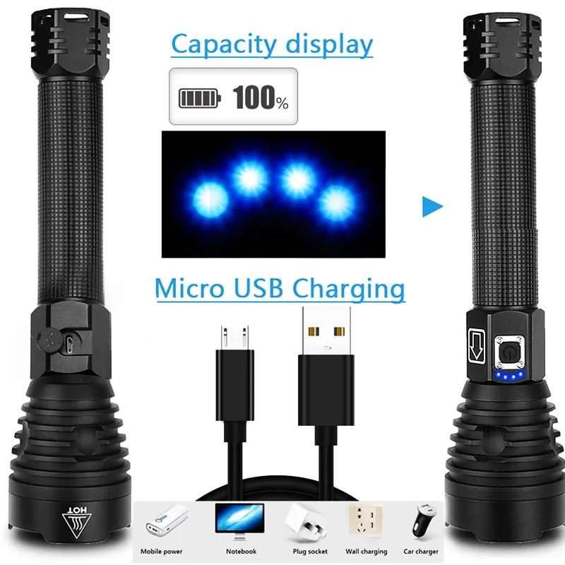 US $12.14 EZK20 Dropshipping XHP90 LED Flashlight Zoom USB Rechargeable Power Display Powerful Torch 18650 26650 Handheld Light