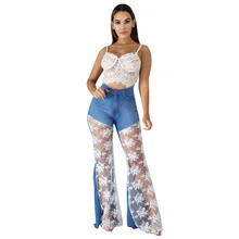 Новые модные кружевные джинсы для женщин с высокой талией джинсовые расклешенные длинные брюки уличная мода кружевные джинсы DB729
