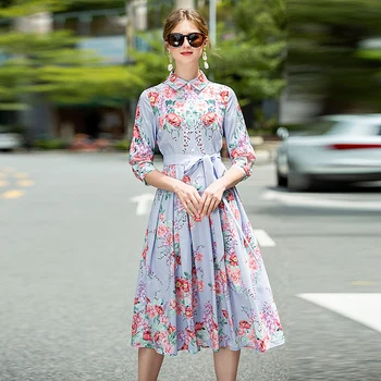 

2020 Outing Vacation New Women'S Runway High Quality Casual Party Beach Vintage Flower Print Slim Fit Elegant Midi Shirt Dress