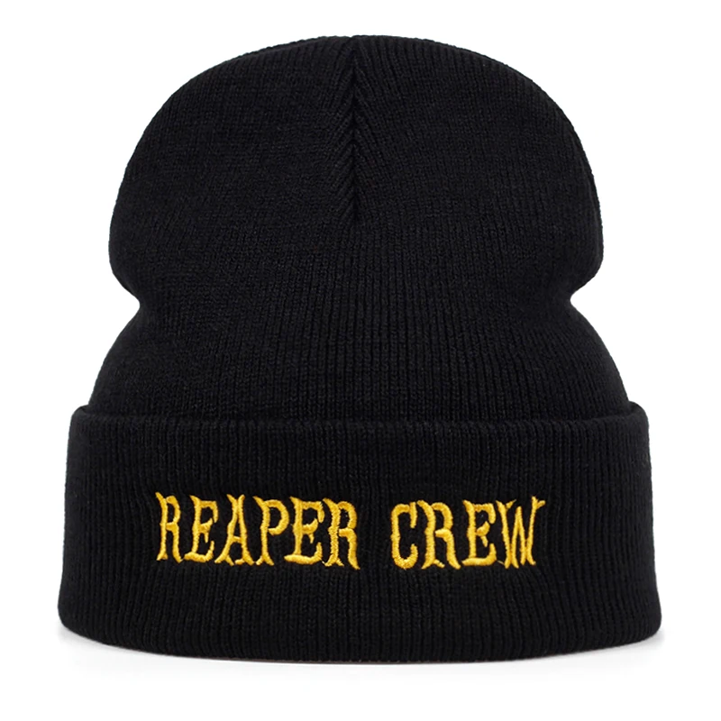 Reaper Crew Letter True color повседневные шапочки для мужчин и женщин модная вязаная зимняя шапка однотонная хип-хоп Skullies шляпа Кепка в стиле унисекс - Цвет: black yellow