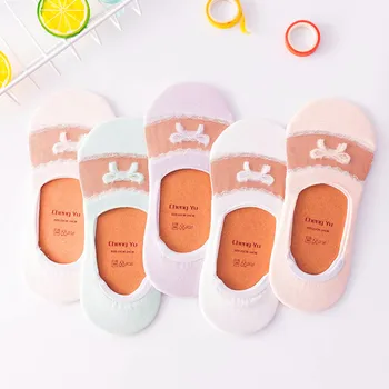 

5 pairs Women Sock transparent emboridery Summer No Show Non-slip Short Boat Sock Girl Female Soft Invisible Sock Slippers