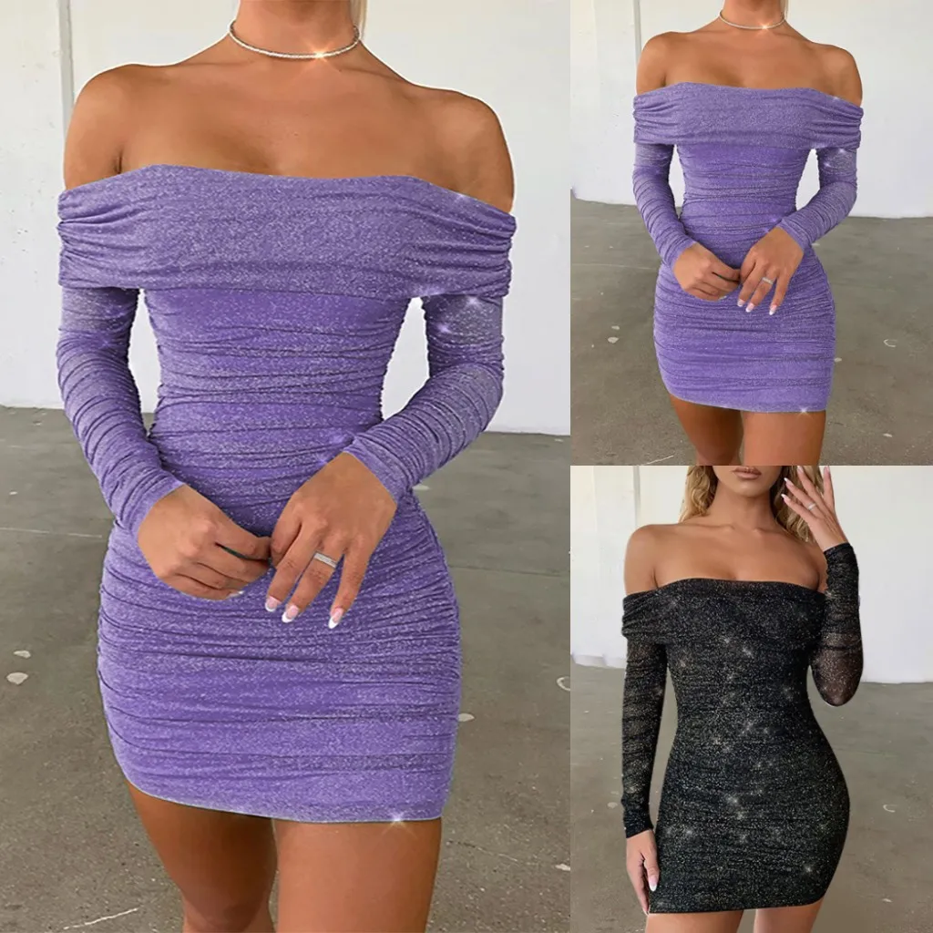 Зимнее женское платье Feitong, Vestidos, длинный рукав, сплошной цвет, с вырезом лодочкой, сексуальное, со складками, на бедрах, официальное, повседневное, мини платье, платье женское