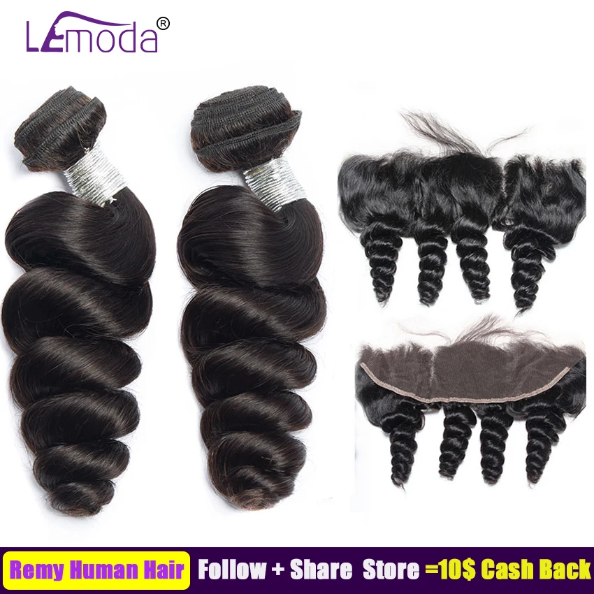 

LEMODA hair Loose wave bundles with lace frontal closure pre plucked Remy human hair weave Peruvian hair 3 bundles with frontal