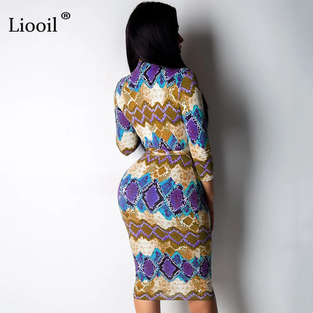Liooil, сексуальное, цветное, с принтом, облегающее, миди платье, для женщин, Клубная одежда,, рукав «Семь четверти», на молнии, с поясом, обтягивающие, платья для женщин, вечерние, ночные