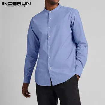 

INCERUN Fashion Men Dress Shirt Long Sleeve Stand Collar Button Plain Tops Business Social Shirts Men Cotton Casual Chemise 2020