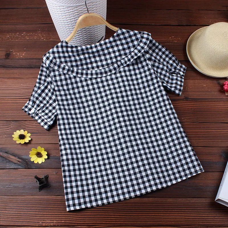 silk blouses 2021 New Fashion Women Spring Autumn Comfortable Plaid  Peter Pan Collar Shirts Female Sweet Ruffled Pleated Shirts Blouses A79 satin shirts for women