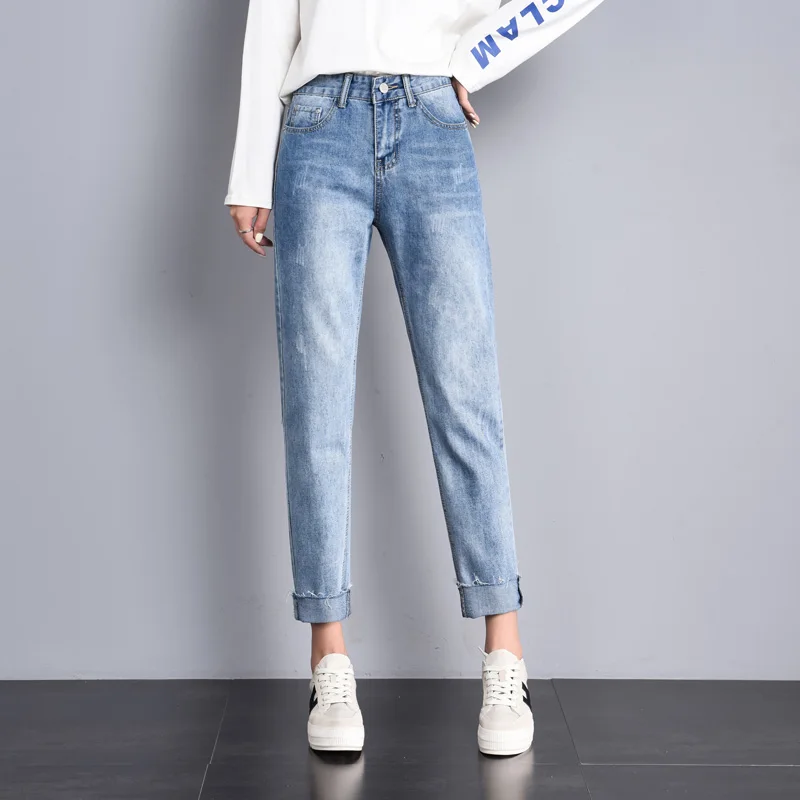 Light Blue Новые модные джинсы с высокой талией Женские однотонные свободные джинсы с карманами для мам стиранные поцарапанные повседневные длинные брюки в стиле ретро ropa mujer - Цвет: Light Blue