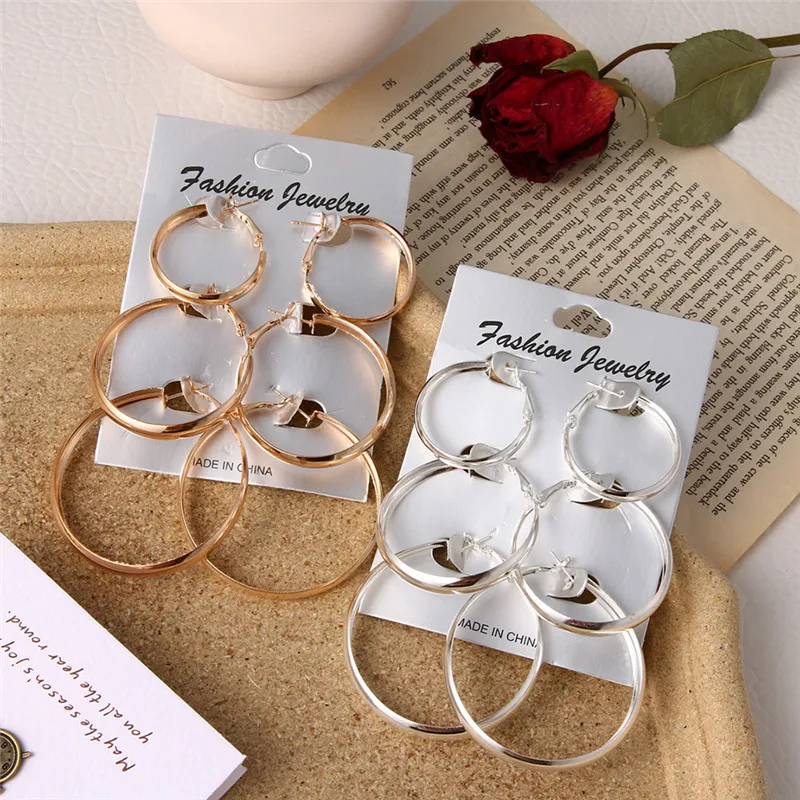 

3 Pairs Gold Silver Color Big Circle Earrings Set For Women New Fashion Wide Statement Hoop Earrings Ladies Jewelry Wholesale