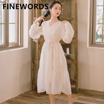

FINEWORDS V Neck Elegant Chiffon Dress Kawaii Beige Party Dress Sweet A Line Long Sleeve Vintage Dress Harajuku White Vestidos