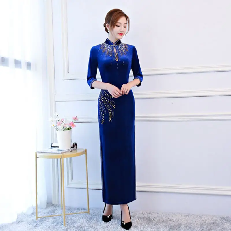 Китайский стиль длинный Cheongsam ручной работы из бисера cheongsam велюр Cheongsam шоу церемониальное Ципао тонкий Cheongsam ретро платье - Цвет: navyblue