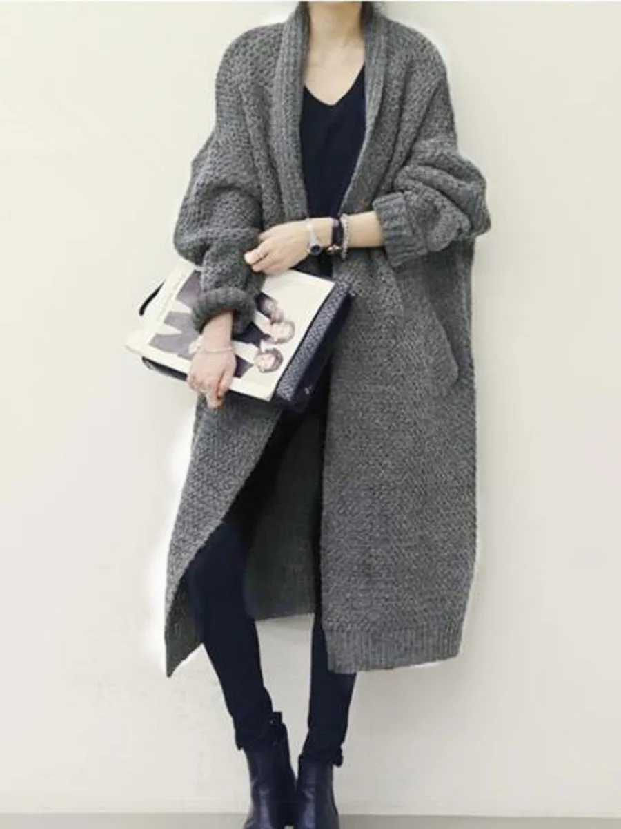 

Women Sweaters Casual Elegant OL Plus Size Loose Cardigan Thick Lapel Solid Female Spring Warm Vintage Wool Tops Long Knitwear