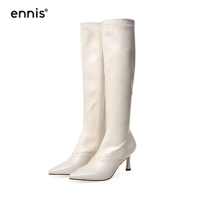 

ENNIS Brand Stiletto High Heel Knee High Boots Women Genuine Leather Knee Boots Pointed Toe Stretch Boots Zipper Shoes New L911