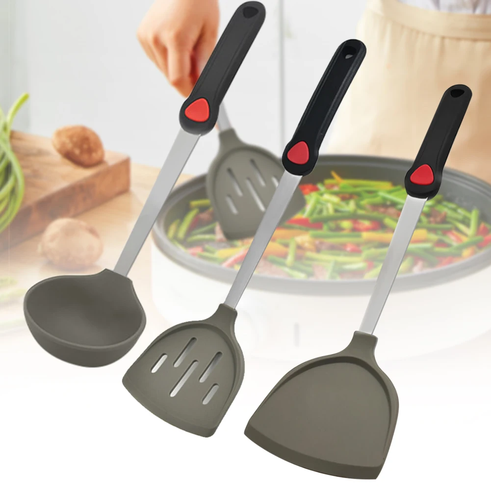 

3PCS Silicone Cooking Nonstick Stainless Steel Handle Pot Shovel Baking Cook Kitchen Tool Spatula Frying Fish Shovel