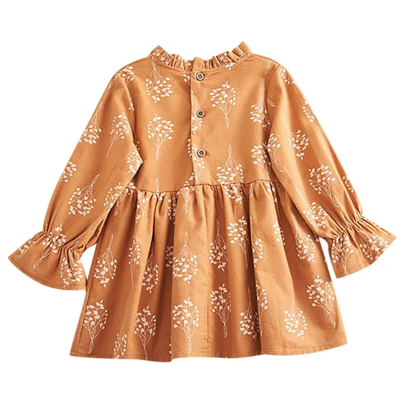 Осеннее Повседневное платье с длинными рукавами и цветочным принтом для маленьких девочек Нарядный сарафан для малышей платье для маленьких девочек