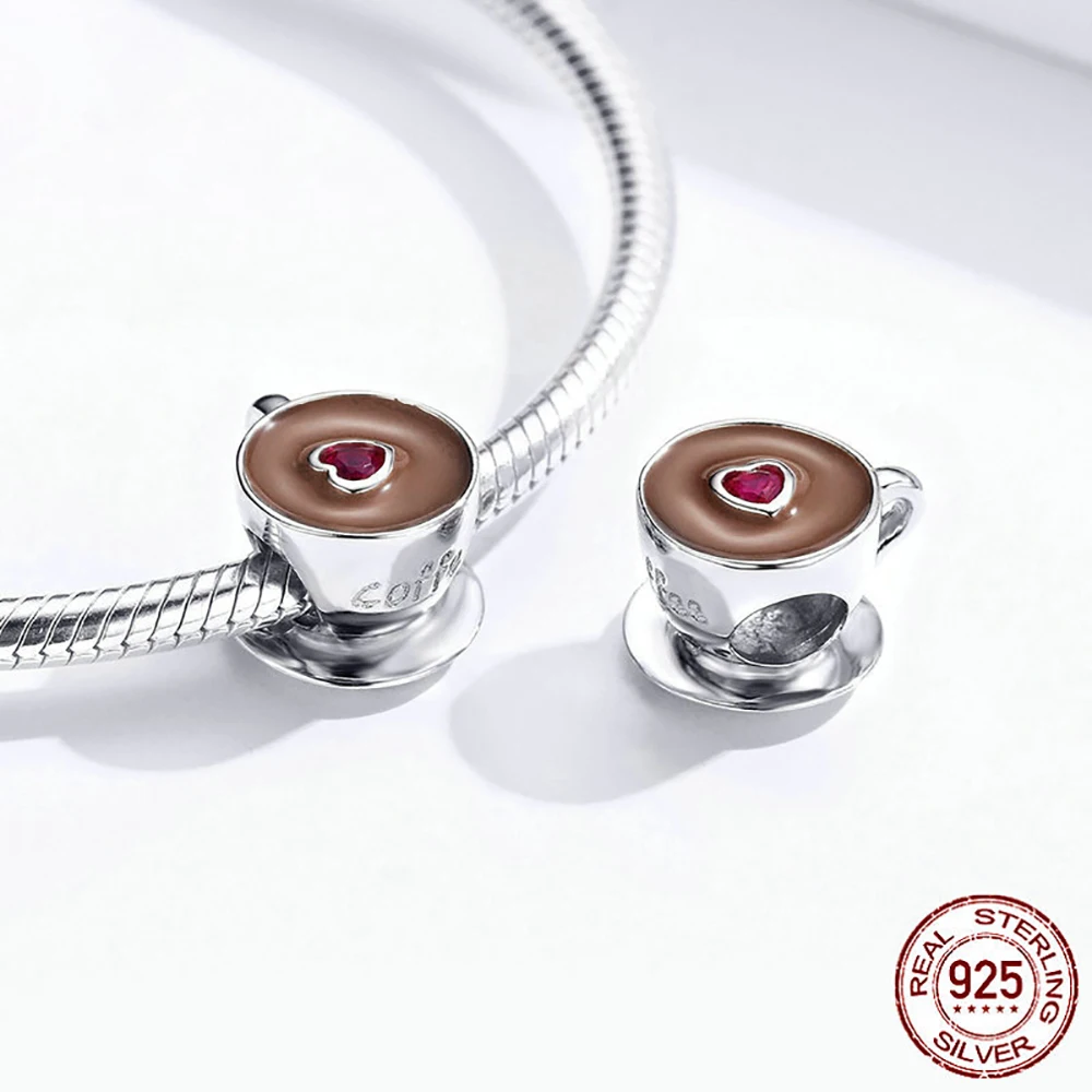 925 пробы серебро любовь сердце кофе бусины чашка Pandora Браслеты с подвесками