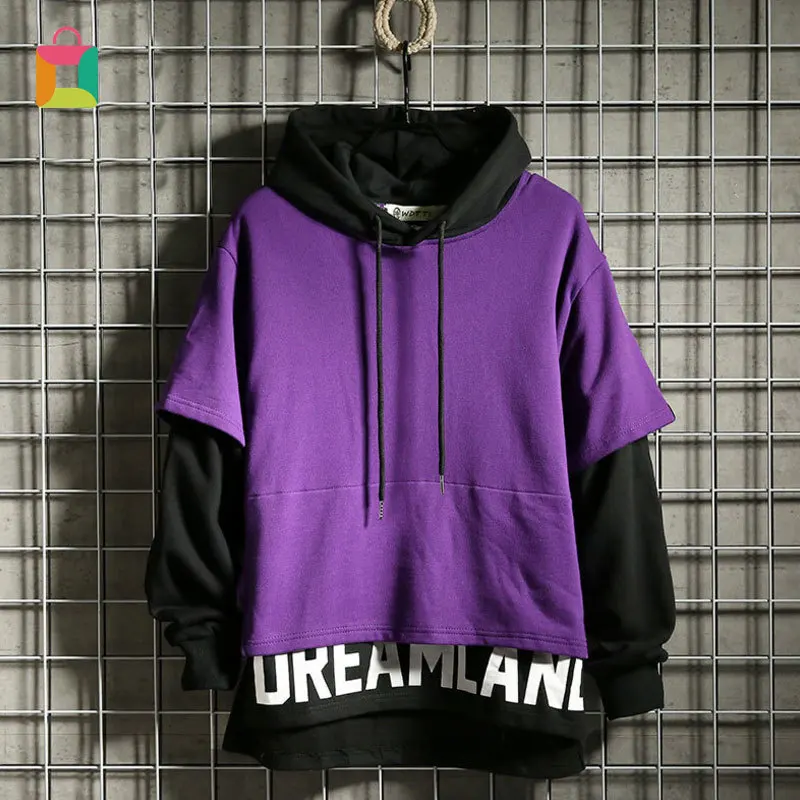 

Spring and autumn casual men's contrast color fake two-piece sweatshirt hoodie jacket fake two-piece jacket hooded top Glittery