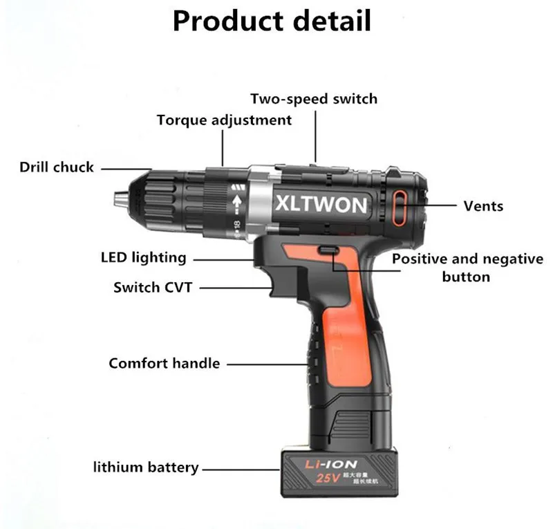XLTOWN 25 в электрическая отвертка многофункциональная перезаряжаемая литиевая батарея электрическая дрель домашняя мощная ручная дрель литиевая дрель