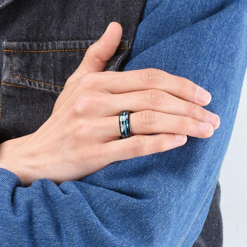 Elegant Rose Gold Tungsten Men's Wedding Ring with Abalone Shell & Blue Opal Inlay