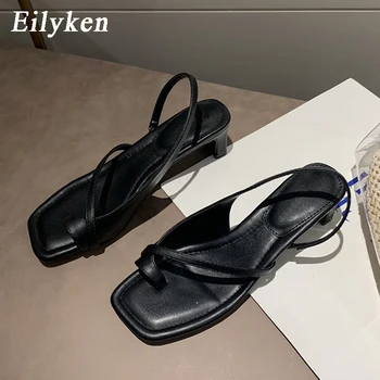 

Eilyken Black White Leather Gladiator Sandals Women Narrow Band Slip-On Sliders Shoes Outdoor Casual Open Toe Square Heel Pumps