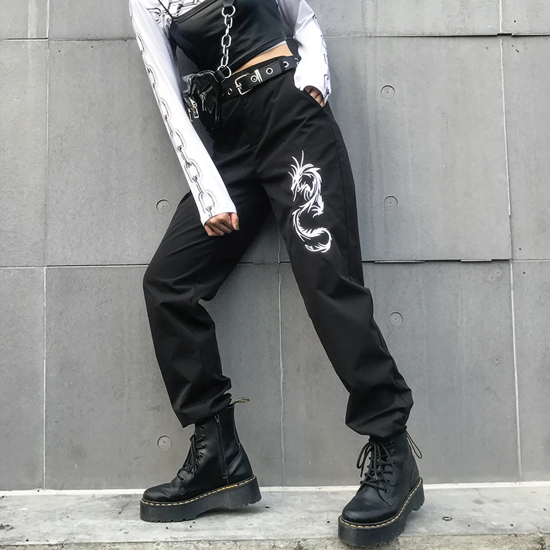 Новинка, новые стильные черные брюки Харадзюку с драконом, брюки в китайском стиле, брюки с высокой талией, женские повседневные спортивные штаны в стиле хип-хоп