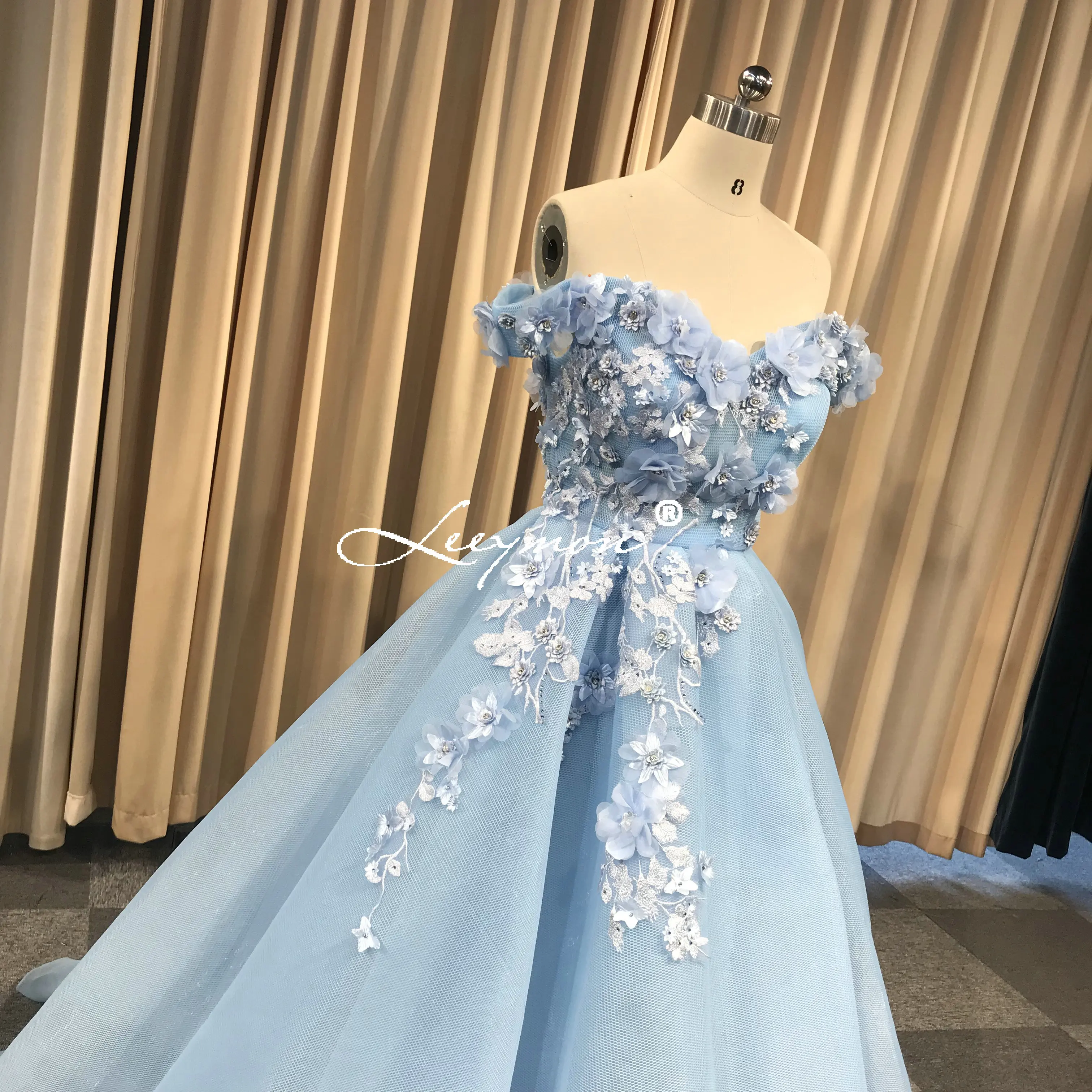 Tulle A Line off Shoulder Evening Dress Beaded Flowers Sky Blue Party Gown Prom Dress Vestido De Festa Long Dress