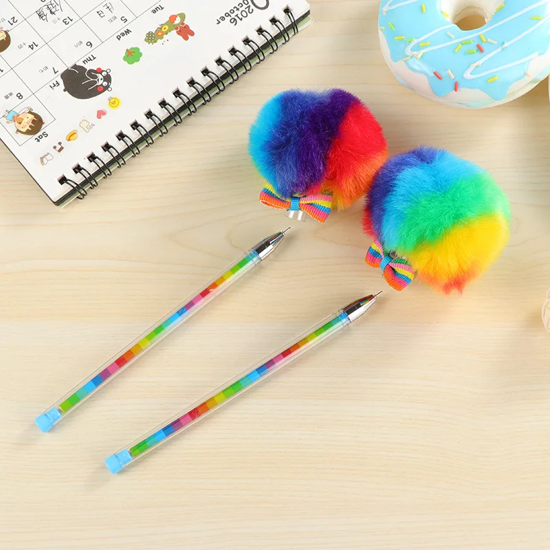 Ручка гелевая в форме шара радужного цвета, креативная Милая ученическая Канцелярия с мехом, плюшевый подарок для детей, 1 шт.