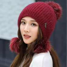 Новинка, теплая вязаная шапка из кроличьего меха, ветрозащитная шапка, женская осенняя и зимняя вязаная шапка, повседневная, универсальная, милая вязаная шапка