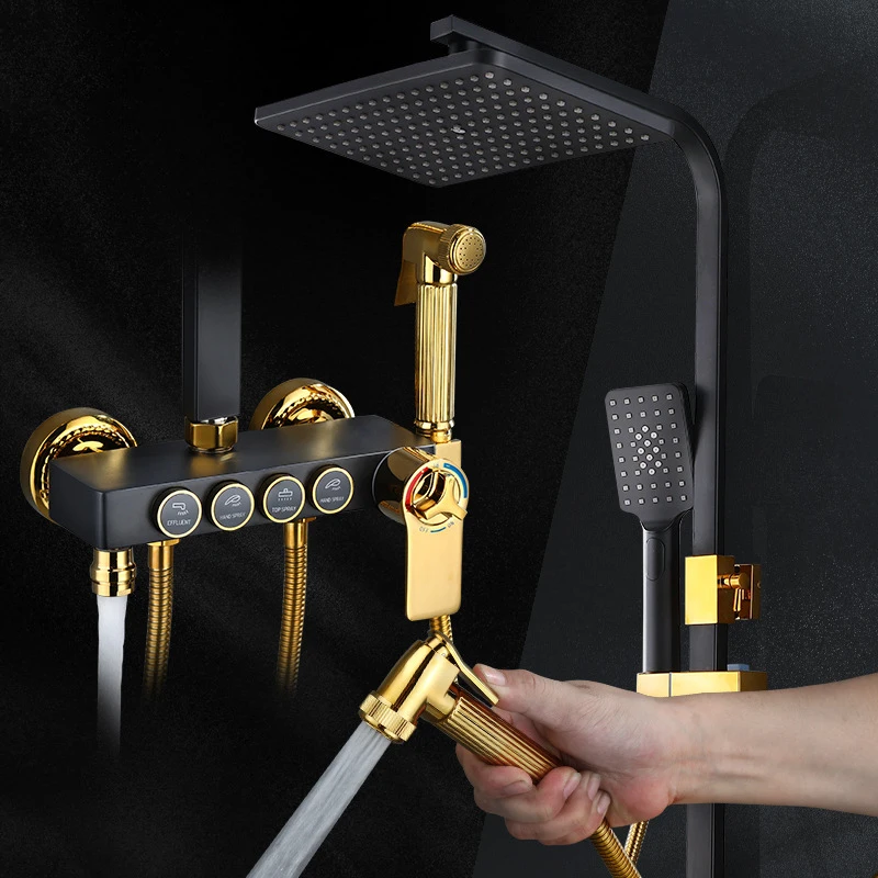 US $116.71 Black Gold Shower Mixer Set Quality ABS Hand Shower Head Thermostatic Shower Faucet Square Lifting Bar Intelligent Shower System