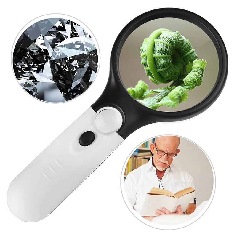 Chefic Handheld Illuminated Magnifier 3X 45X Magnification Super High Clarity Lightweight Exploring /& Reading Aid for Seniors Magnifying Glass with 3 LED Lights