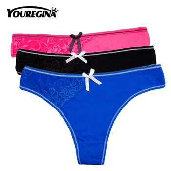 

YOUREGINA Thong Sexy Cotton Lace Solid Bow Women Soft Underwear Panties Intimates Lady Lingerie Comfortable Girl 3pcs/lot M L XL