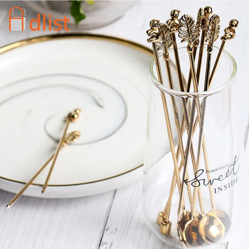 

5pcs Gold Stainless Steel Coffee Spoon set Long Handle Ice Cream Dessert Stir Spoons Sliver Fruit Fork Creative Bar Utensils