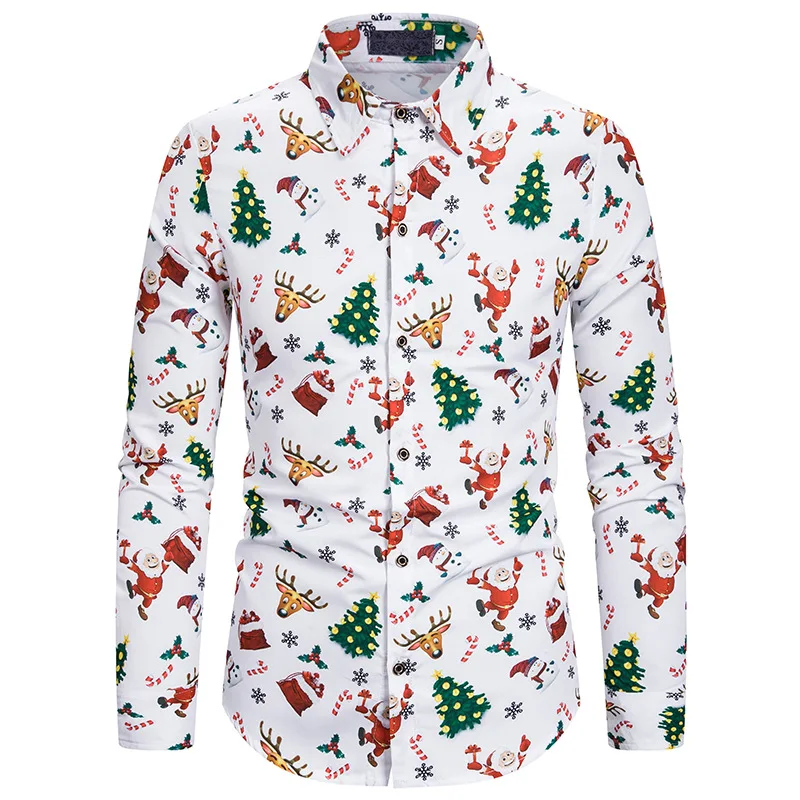 Рождественская Мужская рубашка с принтом снеговика и лося, мужские нарядные рубашки, повседневная приталенная белая сорочка со стоячим воротником, уличная блуза, одежда - Цвет: White Turn Down