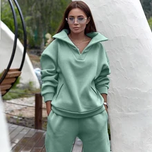 

Women Tracksuit Set Plus Fleece Sweatshirts Two Piece Set Autumn Winter Casual Oversized Solid Female Sports Suit Long Pant Suit