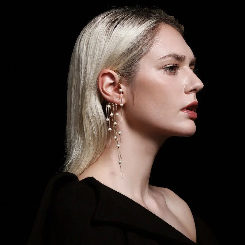 

Rhinestone Ear Clip Cuff Wrap Earrings With Pearls Women's Long Tassel Chain Earring Punk Exaggerated Rock Ear Jewelry E65901