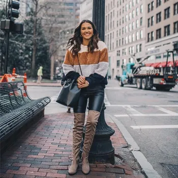 

Women Knitted Sweater Top Autumn Winter Sweater Round Collar Simple Long Sleeve Cute Color Matching Casual Loose Sweet Sweater